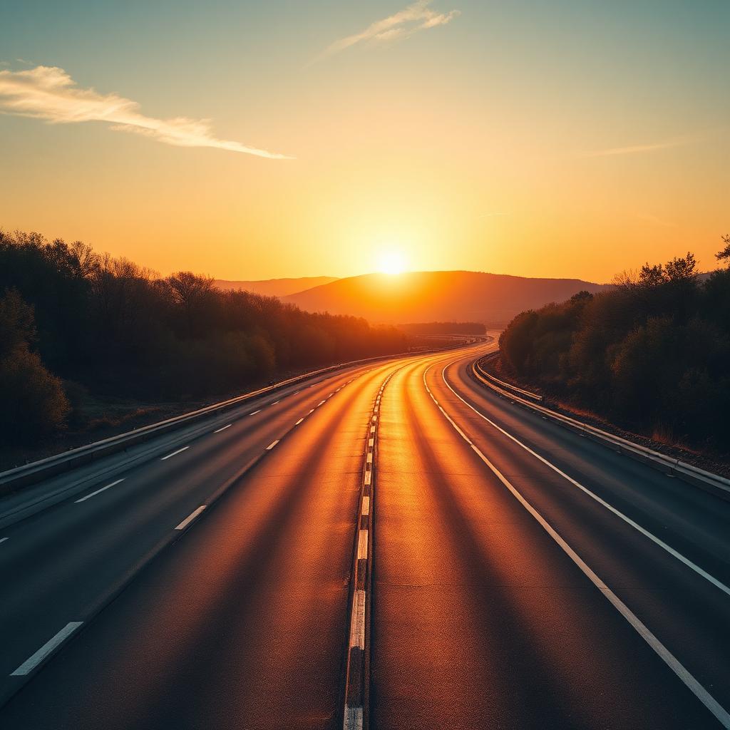 Truck on the highway at sunrise